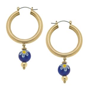 Millefiori Glass Bead Drop Hoop Earrings in Blue